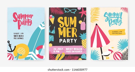 Set of tropical poster or invitation templates for summer beach party announcement. Modern vector illustration in cartoon style for summertime dance event or open air festival advertising or promo