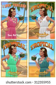 Set of tropical posters. Pretty young woman with coconut in hands on a tropical beach. 