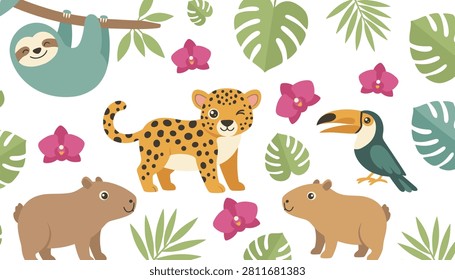 Set of tropical rainforest animals featuring a sloth, leopard, toucan, and two capybaras among monstera leaves and pink orchid flowers.