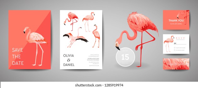 Set of Tropical retro wedding invitation card, modern Save the Date, template design of flamingo bird illustration. Vector trendy cover, pastel graphic poster, brochure