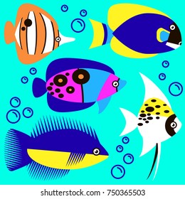 Set of tropical sea fish, vector flat illustration