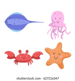 Set of tropical sea and ocean animals. Stingray, jellyfish, crab, starfish. Wildlife vector illustration icons.