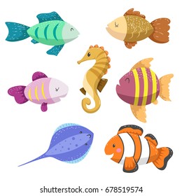 Set of tropical sea and ocean animals. Seahorse, clown fish, stingray and different types of fish. Wildlife and tropic reef vector illustration icons.