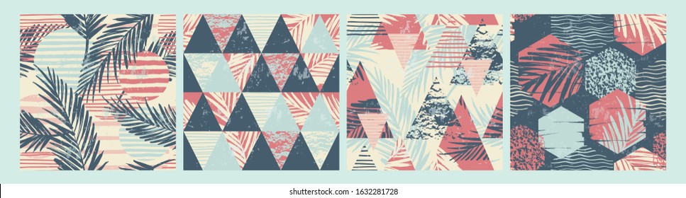 Set of tropical and sea seamless patterns with hand texture and geometric elements. Vector illustration