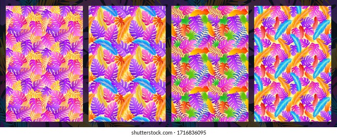 Set of tropical seamless natural patterns of exotic leaves. Vector floral background