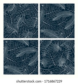 Set of tropical seamless natural patterns of exotic leaves. Vector floral background
