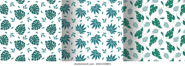 Set of tropical seamless pattern. Flat design.Collection of patterns with tropical leaves. Stock illustration.
