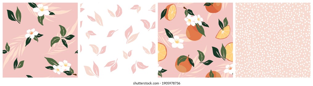 Set of Tropical seamless pattern with oranges, flower, leaf, dot on pink background. Trendy fruit repeated background. Vector exotic design for paper, cover, fabric, interior decor, print, wallpaper.