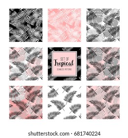 Set of tropical seamless pattern with silhouettes of palm leaves. Jungle design. Vector illustration background.