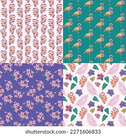 Set of Tropical seamless pattern. Summer elements like flamingo, monstera leaves, exotic plants background.