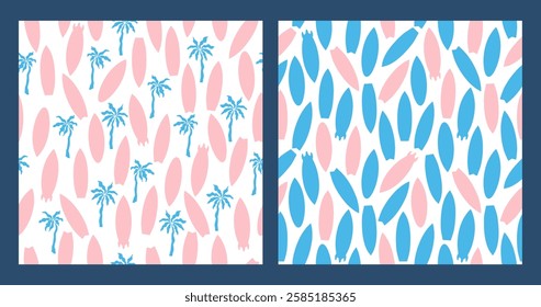 Set of tropical seamless pattern with surfboards and palms. Ocean flat background. Surface cover design. Fabric textile print.