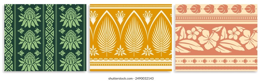 Set of tropical seamless patterns. Repeating ornaments with exotic plants, leaves, flowers and geometric shapes. Design element for printing on fabric. Flat vector illustrations isolated on background