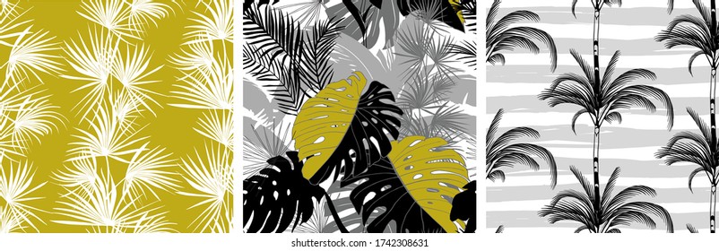 set of tropical seamless patterns in three colors with monstera leaves and palm trees