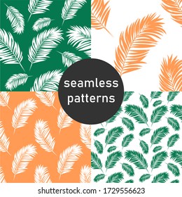 Set of tropical seamless patterns. Vector illustration, leaves on a colored background. Template, idea, postcard, wallpaper, fabric.