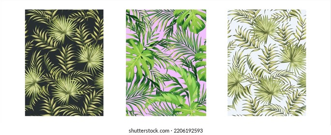  Set of tropical seamless vector pattern. Collection of tropic botanical illustration.Green foliage and palm leaves.