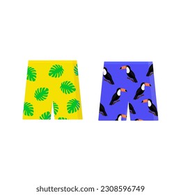 Set of tropical shorts. Cartoon bright exotic shorts with monsteras, toucans. Flat colorful summer clothes. Vector illustration