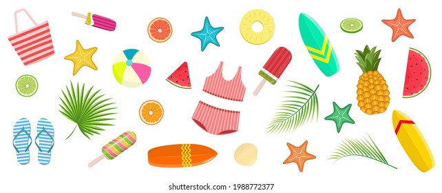 Set of tropical stickers. Hello summer. Elements for design and print. Vector illustration on white background.