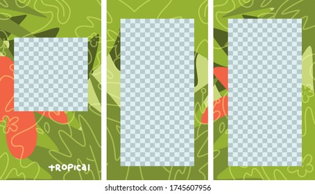 Set of tropical stories Templates. Vector Layout. Flat doodle Design backgrounds for social media banner. Collection of Insta stories frame templates with palm tree leaves. Mockup for posts