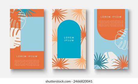 Conjunto de Plantillas de fondo de verano tropical para cubiertas, carteles, Anuncios, folletos publicitarios, tarjetas. Diseño de cubierta de Vector tropical con ramas de palma y hojas de monstera.