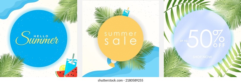 Conjunto de fondos tropicales de verano. Marco redondo en la playa con elementos tropicales, hojas de palma, frutas, bebidas. Perfecto para invitaciones, volantes, afiches, carteles de venta, publicación en medios sociales, tarjetas, plantillas.