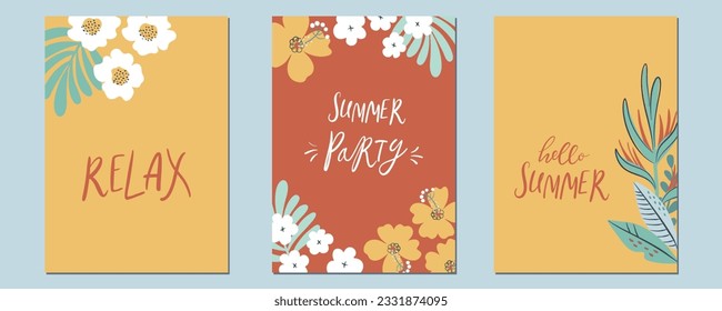 Montaje de verano tropical. Montaje floreado con letras. Afiches o cartas verticales con flores y hojas florecientes. Ilustraciones vectoriales de estilo plano.
