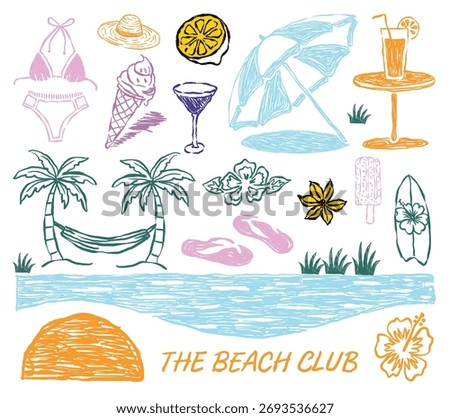 Set of tropical summer beach icons featuring palm trees, sun, ocean waves, and sand for your next travel vecation illustration design
