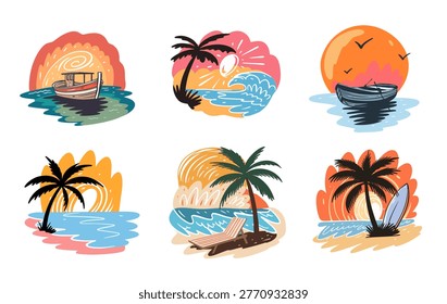 Set of tropical summer beach scenes with boats palm trees waves and sunset in colorful retro vector style