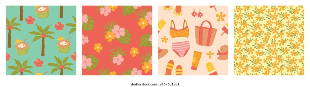Set of tropical summer beach seamless pattern. Palm tree, beach essentials and florals for gift wrapping, background and decoration