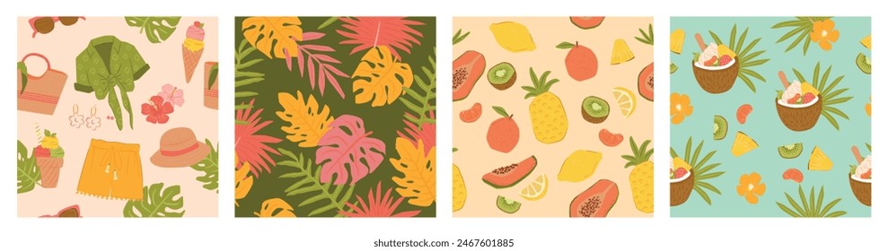 Set of tropical summer beach seamless pattern. Summer fashion style, leaves and fruits salad for gift wrapping, background and decoration