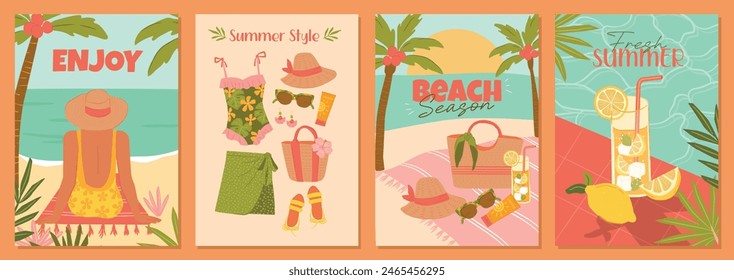 Set of Tropical summer beach with woman relaxing, summer fashion wear, beach essentials and lemon drink for vector cards, posters, and background 