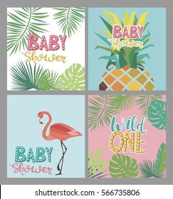 Set of tropical summer card for baby shower or birthday. Vector illustration