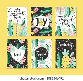 Set of tropical summer cards with lettering. Vector illustration.