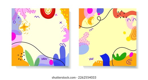 Set of tropical summer doodle vector banner with space for text. Colorful abstract with leaves shapes and texture design background for poster, banner, invitation.