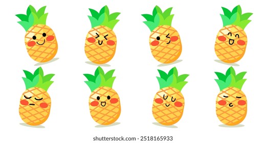 Set of Tropical summer fruit pineapple isolated on white background. Pineapple cartoon vector icon with facial expression. Illustration for kids and children books. Learning fruits