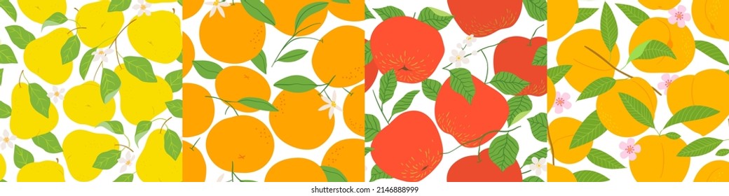 Set Of Tropical Summer Fruit Tree Seamless Pattern Illustration. Realistic Flat Cartoon Background Collection Includes Pear, Orange, Apple And Peach Fruits Design.