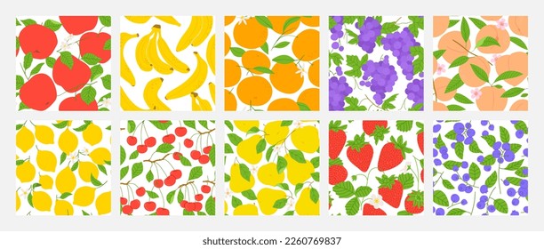 Set of tropical summer fruit tree seamless pattern illustration. Realistic flat cartoon background collection includes pear, orange, apple and peach fruits design. Natural food wallpaper print bundle.