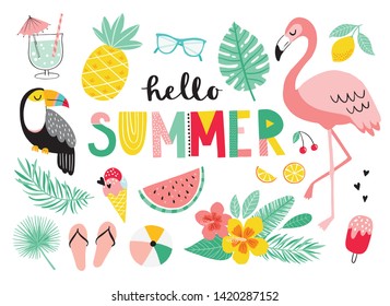 Set of tropical summer icons. Hand drawn vector illustration.  Flamingo, toucan, palm leaves, fruits, food, drinks. Summertime poster, scrapbooking elements. 