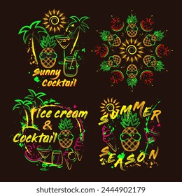 Set of tropical summer labels with icons of pineapple, ice cream, cocktail glass, text, palm trees, splattered paint. Bright glowing neon fluorescent colors. Outline, contour illustrations.