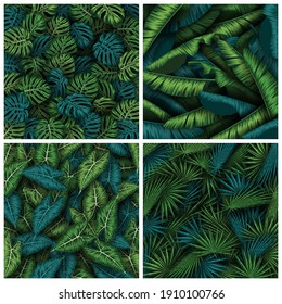 Set of tropical summer leaves background with jungle plants