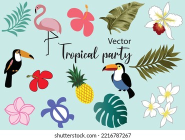 Set of Tropical summer party isolation vector: Tropical leaves, monstera leaves, flamingos, pitchers, turtles, pineapples, hammered orchids, hibiscus collection of scrapbook elements