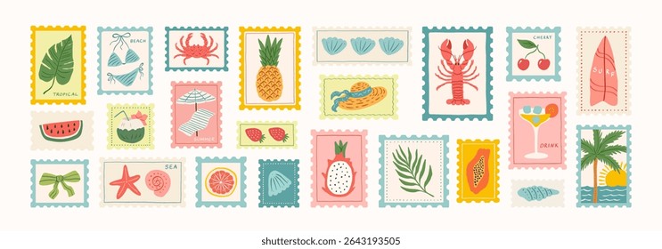Set of tropical summer postage stamp. Vintage beach vacation stickers. Hand drawn palm tree, lobster, seashell, umbrella, cherry, cocktail, surfboard, fruits. Vector trendy illustration.