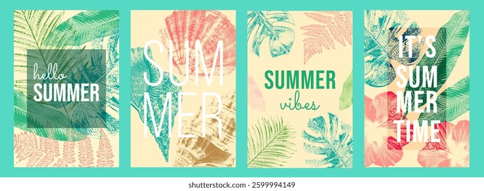 Set of tropical summer posters with photocopy effect. Vintage botanical design with palm leaves, seashells, and hibiscus. Retro color palette of green, coral, and beige. Perfect for prints, decor, ads