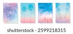 Set of tropical summer posters.Beach party flyer templates.Hawaiian backgrounds for greeting card and invitation.Sea sunrise, ocean, palm trees, morning sky, blue and pink colors.Vector illustration. 