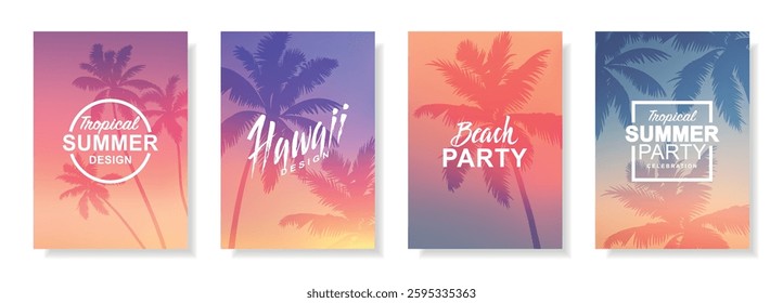 Set of tropical summer posters.Beach party flyer templates.Hawaiian backgrounds for greeting card and invitation.Sea ​​sunset and sunrise, ocean, palm trees, evening sky.Vector illustration. 
