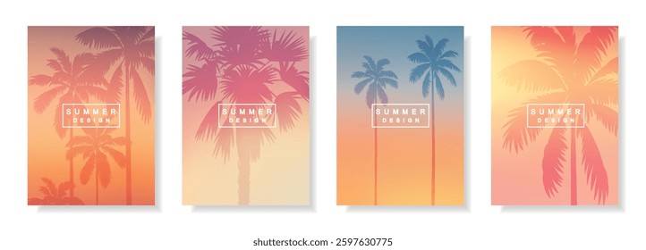 Set of tropical summer posters.Beach party flyer templates.Hawaiian backgrounds for greeting card and invitation.Sea ​​sunset and sunrise, ocean, palm trees, evening sky.Vector illustration. 