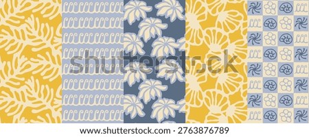 Set of tropical summer seamless patterns with hand drawn corals, waves, seashells and checkerboard motifs