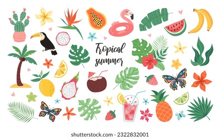 Set of tropical summer stickers. Icons for exotic vacation. Seasonal elements collection. Flamingos, flowers, pineapple, tropic leaves, citrus and exotic fruits, plumeria, watermelon, cocktails.