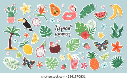 Set of tropical summer stickers. Icons for exotic vacation. Seasonal elements collection. Flamingos, flowers, pineapple, tropic leaves, citrus and exotic fruits, plumeria, watermelon, cocktails.