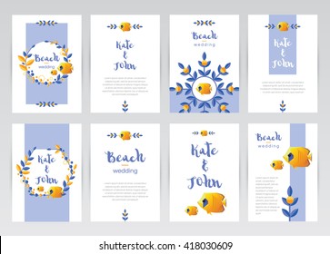 Set of tropical theme wedding invitation card templates in blue and yellow hues with coral reef fishes, wreaths and page border decorations