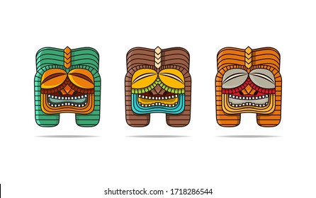 Set of Tropical Tiki mask. Logo, label. Vector. wood head logo. cartoon style. 